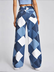 Color Block Argyle Print Wide Leg Jeans