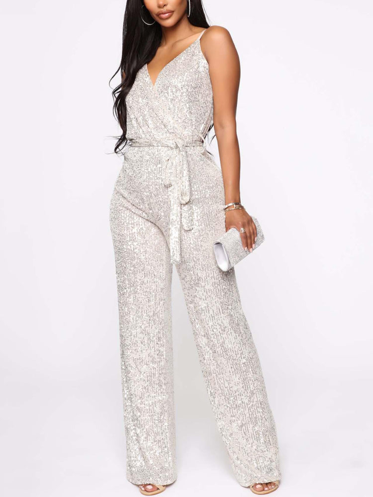 Sequin Sleeveless Jumpsuit with Belt