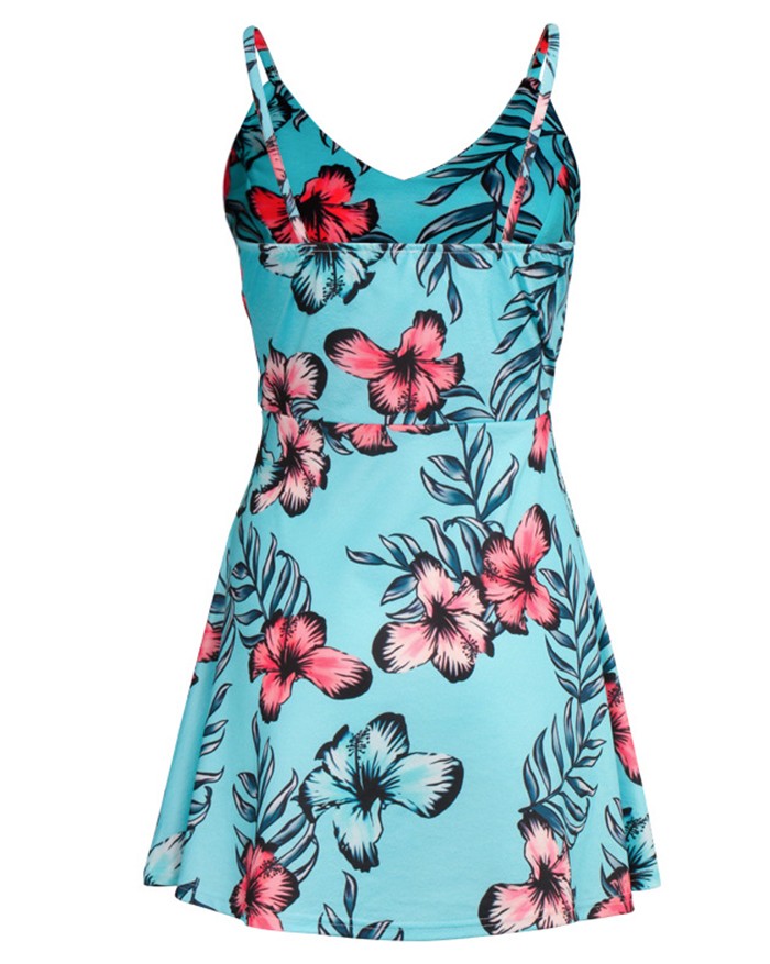 V-Neck Strapless Sleeveless Backless Bandage Print Mini Dress