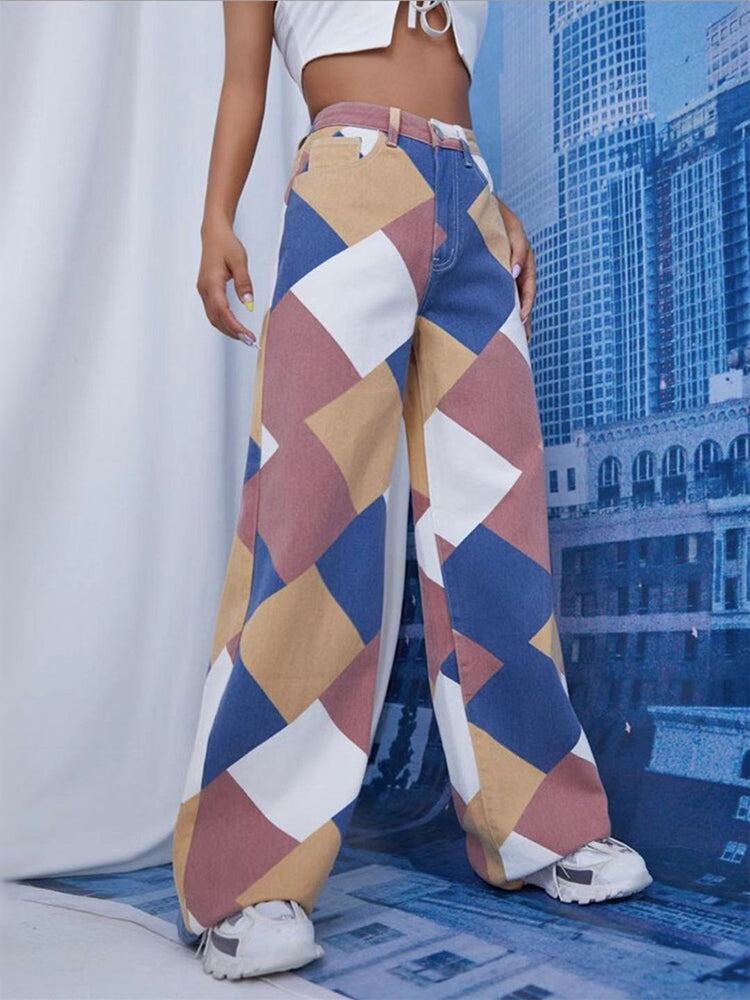 Color Block Argyle Print Wide Leg Jeans