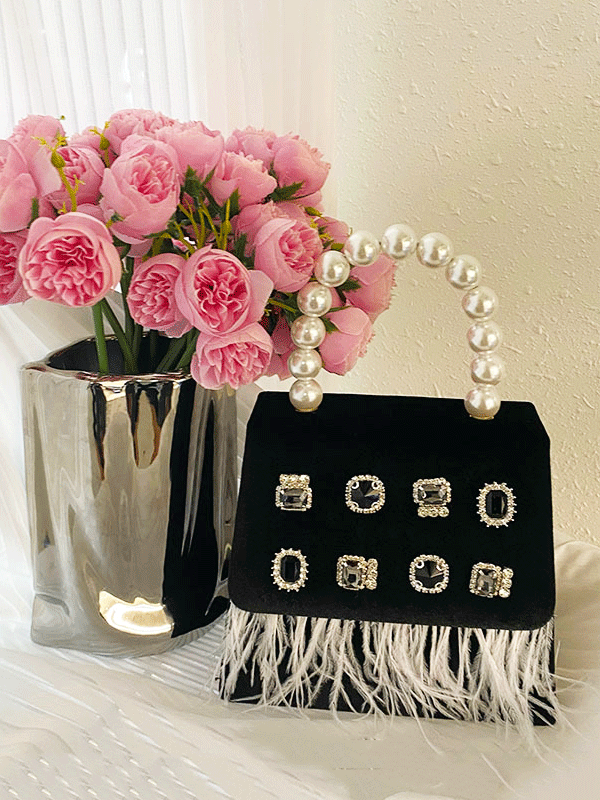 Velvet Pearls Rhinestone Tassels Handbag