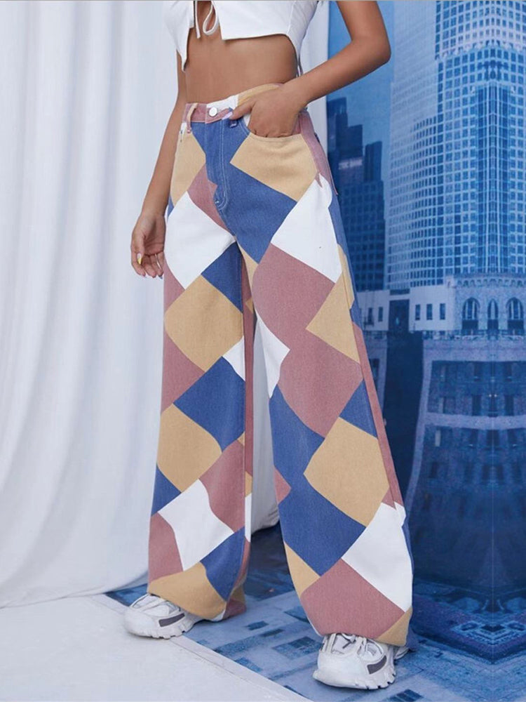 Color Block Argyle Print Wide Leg Jeans