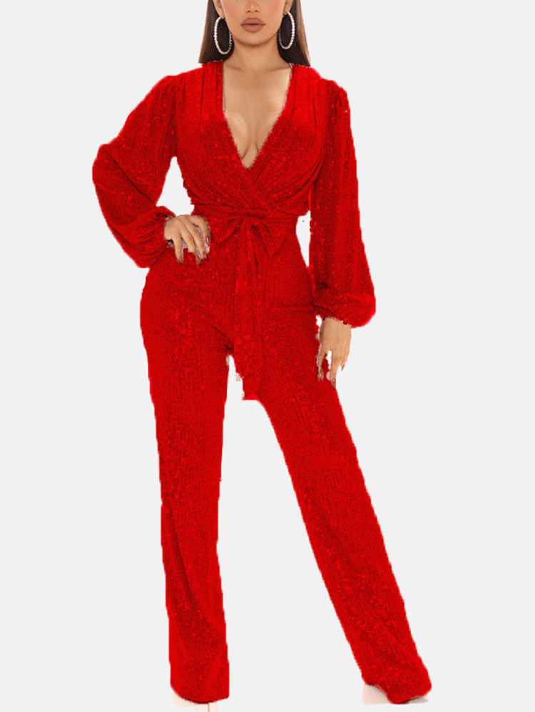 Sequin Long Sleeve V Neck Jumpsuits