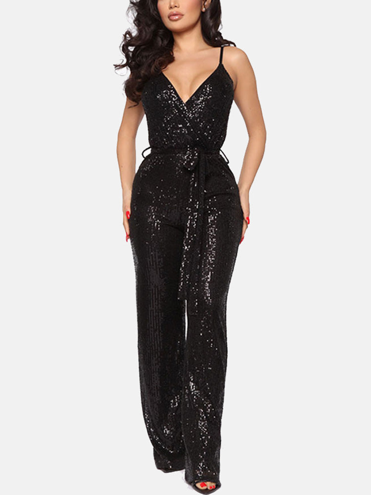 Sequin Sleeveless Jumpsuit with Belt