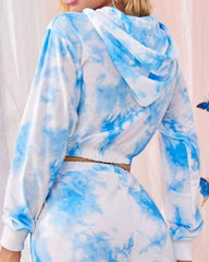 Long-Sleeved Tie-Dye Drawstring Activewear Two-Piece Outfit