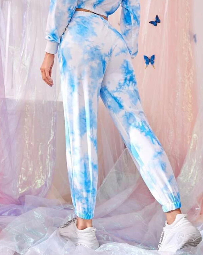 Long-Sleeved Tie-Dye Drawstring Activewear Two-Piece Outfit