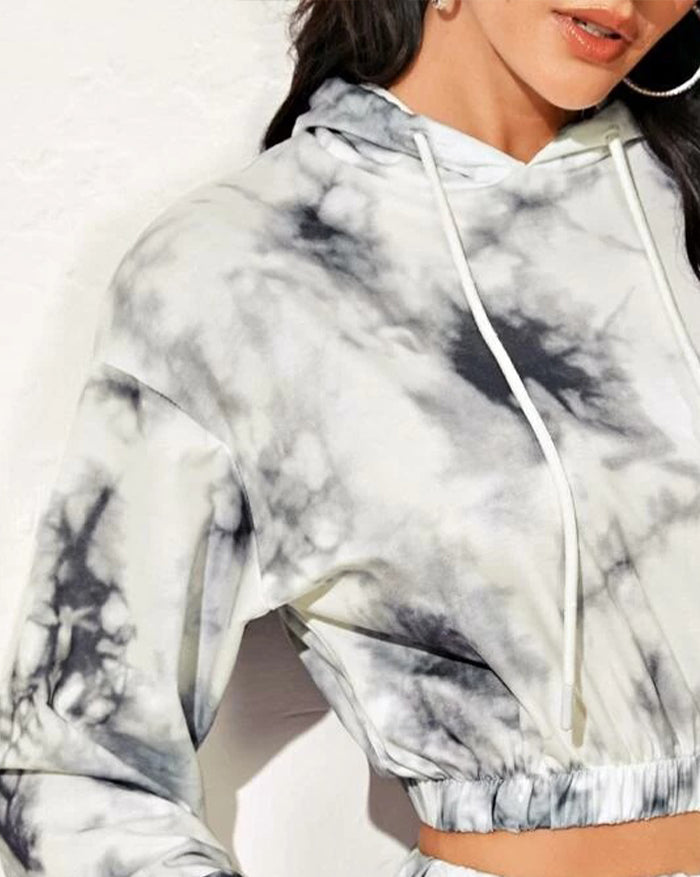 Long-Sleeved Tie-Dye Drawstring Activewear Two-Piece Outfit