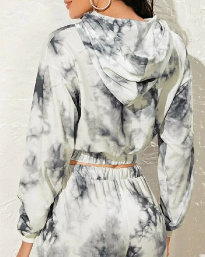 Long-Sleeved Tie-Dye Drawstring Activewear Two-Piece Outfit