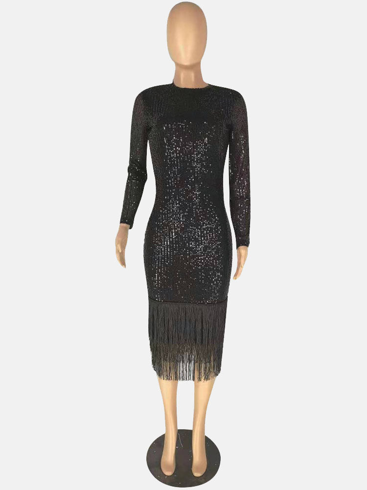 Long Sleeves Sequin Tassel Party Dress