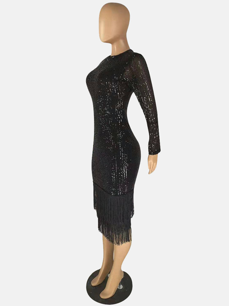 Long Sleeves Sequin Tassel Party Dress