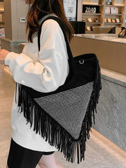 Rhinestone Decor Fringe Trim Shoulder Bag