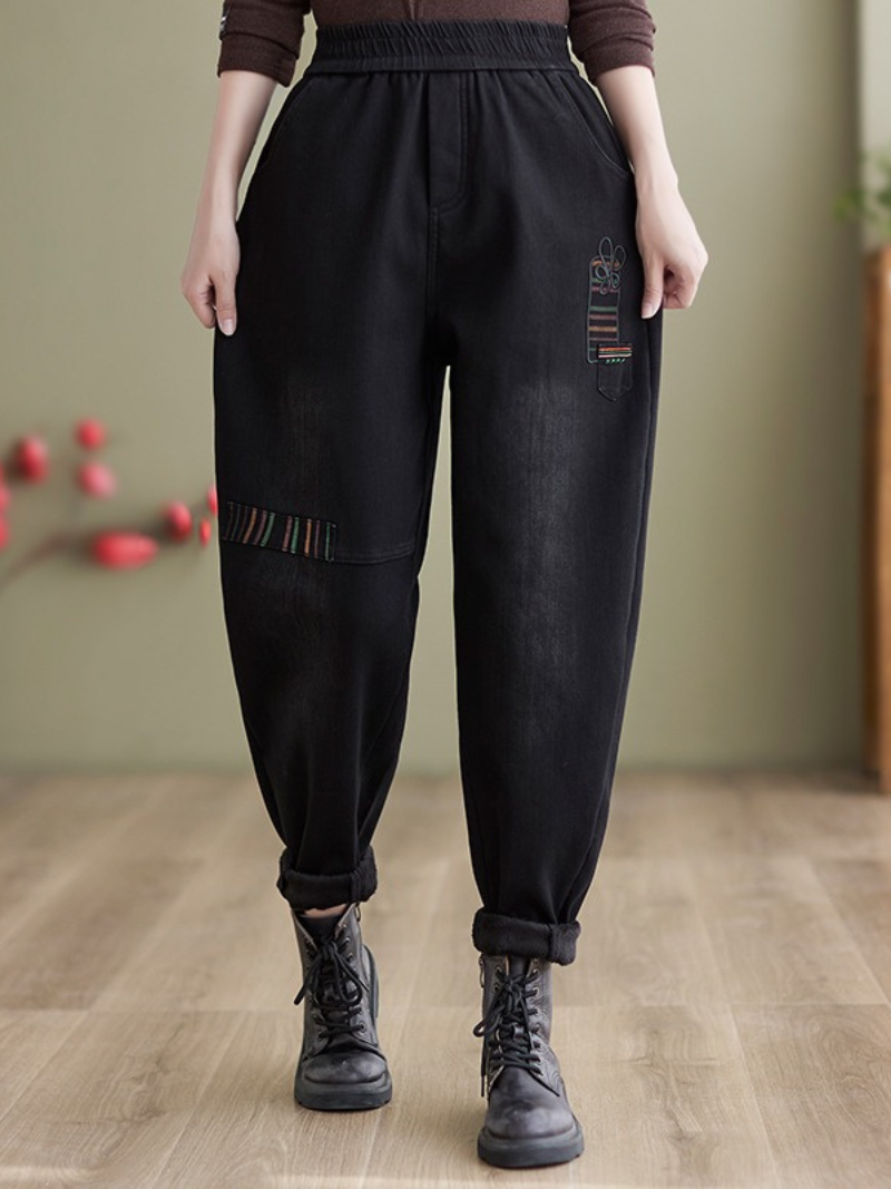 Women's Winter Embroidery Fleece Thickened Loose Jeans Harem Pants