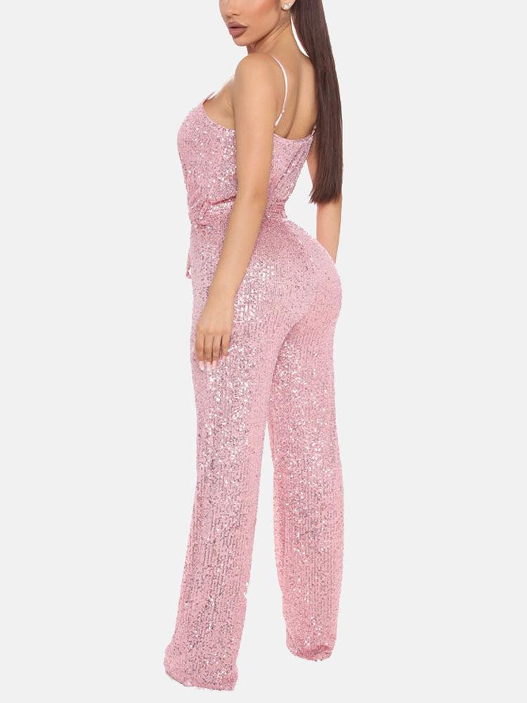 Sequin Sleeveless Jumpsuit with Belt