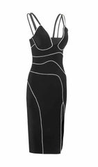 BANDAGE DIAMOND MIDI SPLIT DRESS IN BLACK