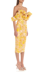 JACQUARD OFF SHOULDER MIDI DRESS IN YELLOW