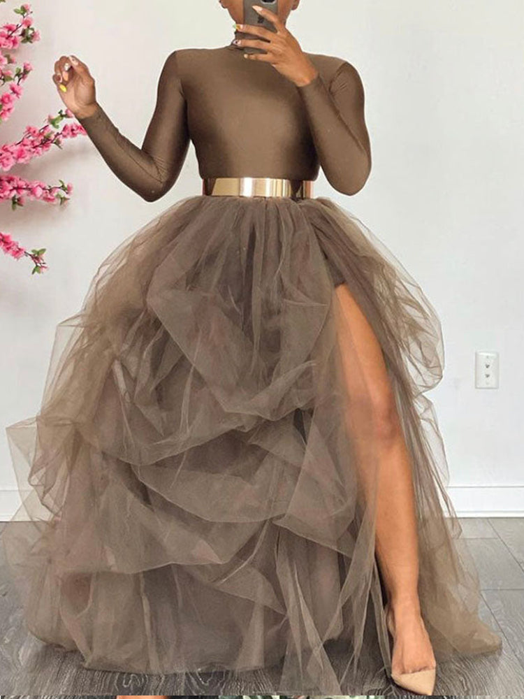 High Waisted Slit Tulle Skirt