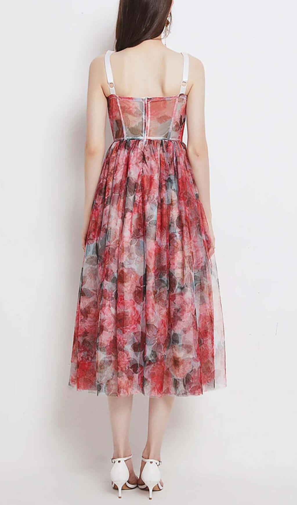 FLORAL-PRINT CORSET MIDI DRESS IN PINK