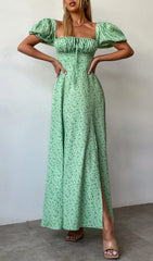 GREEN VINTAGE FLORAL PUFF SLEEVE MIDI DRESS