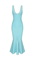 BANDAGE FISHTAIL SLEEVELESS HIGH WAIST MAXI DRESS IN AQUAMARINE