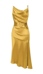 BANDAGE RUCHED MIDI DRESS IN GOLD