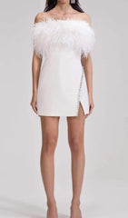 BANDAGE FEATHER CRYSTAL MINI DRESS IN WHITE