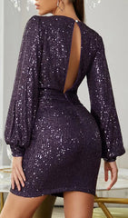 GLITTER PLEATS BIG V-NECK WRAP HIP DRESS IN PURPLE