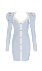 BANDAGE PUFF SLEEVE PEARL BUTTON ELEGANT MINI DRESS IN LIGHT BLUE