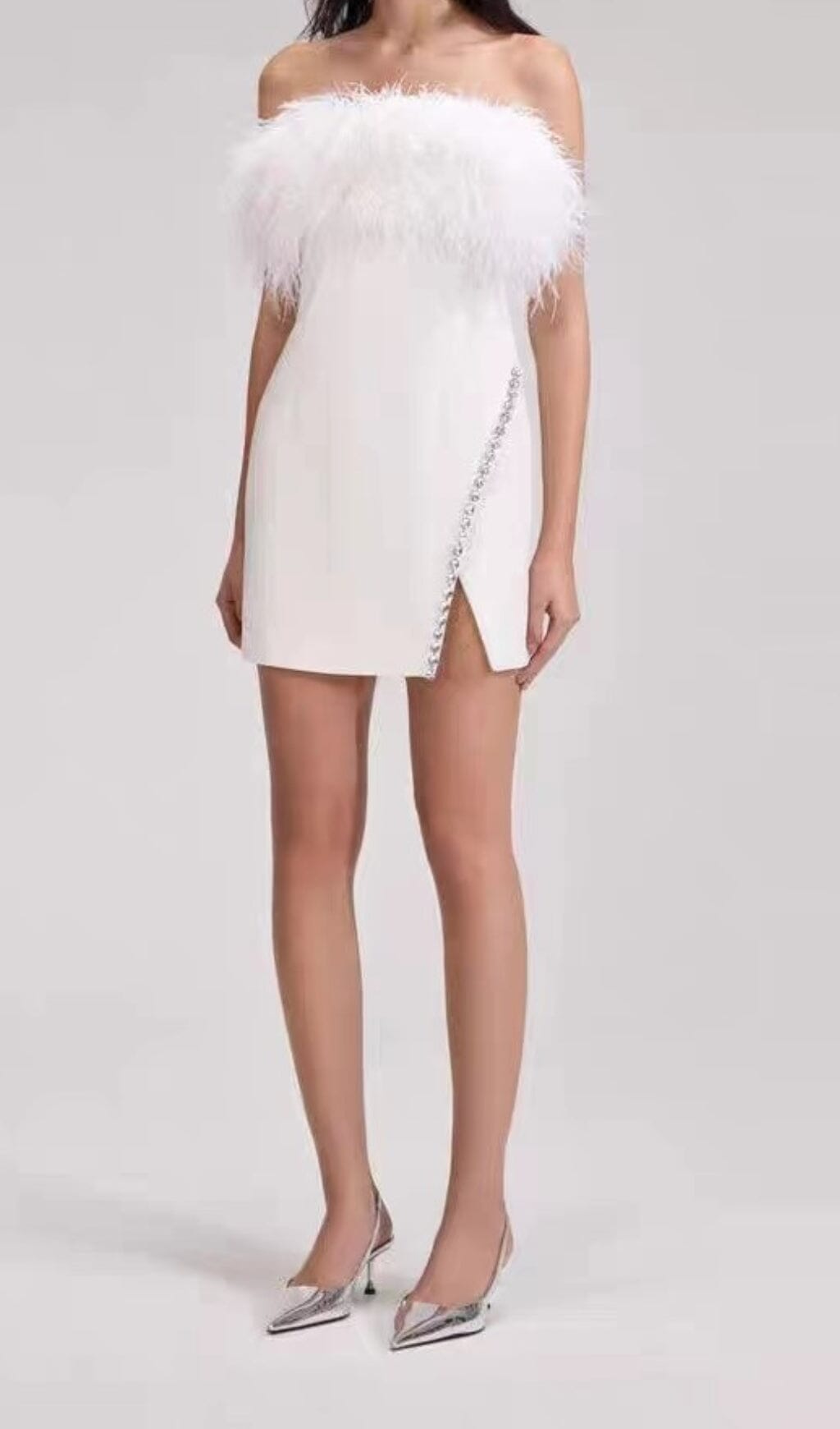 BANDAGE FEATHER CRYSTAL MINI DRESS IN WHITE