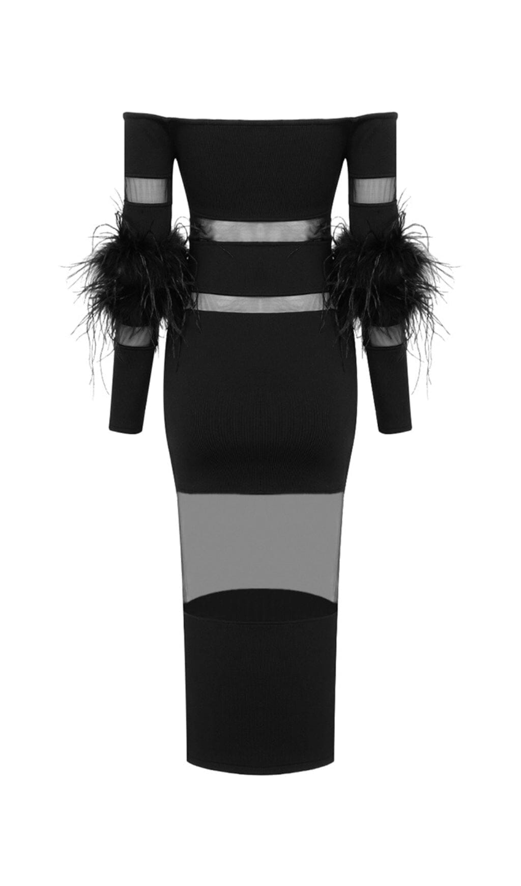 BANDAGE OFF-SHOULDER FEATHER MIDI DRESS IN BLACK