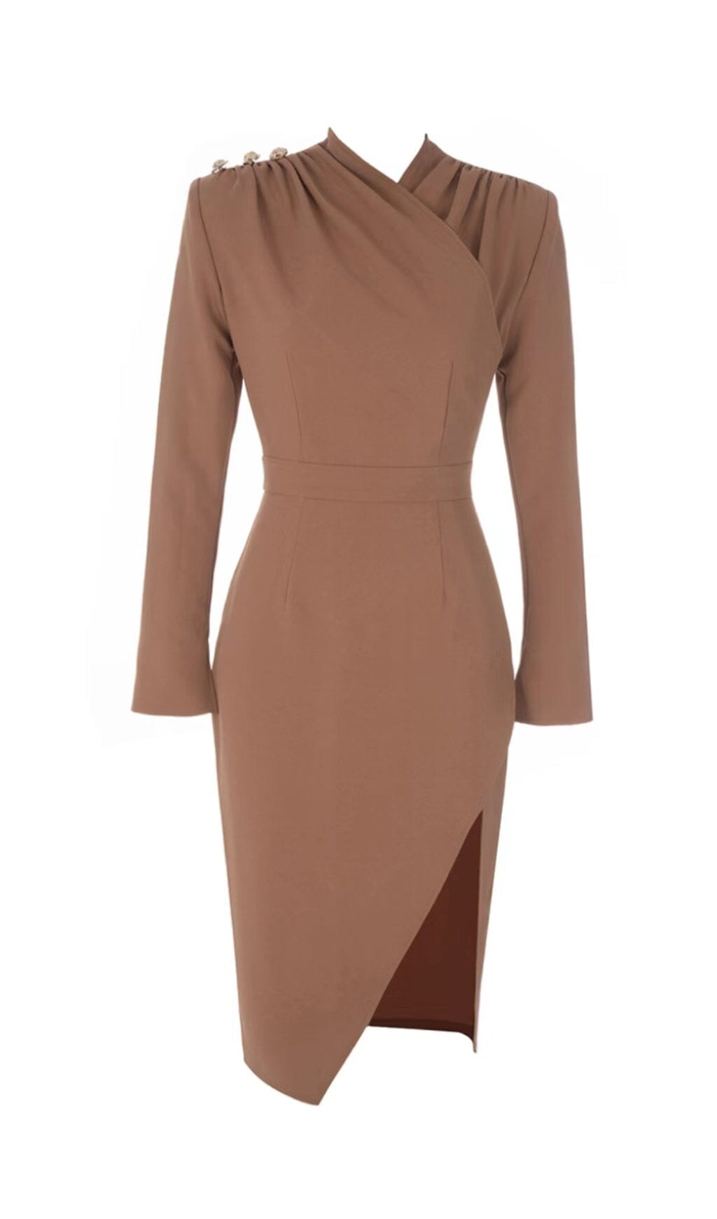 IRREGULAR PLEATED HIGH SPLIT METAL BUCKLE DRESS IN CAMEL