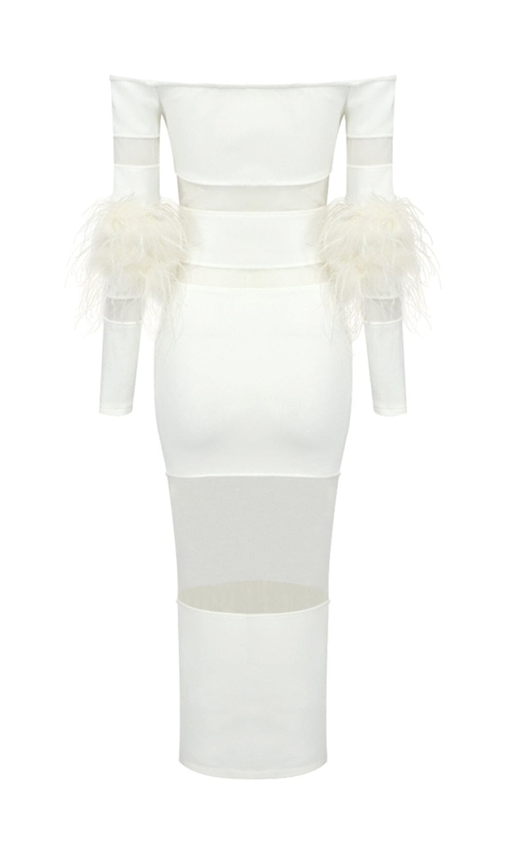 BANDAGE OFF-SHOULDER FEATHER MIDI DRESS IN WHITE