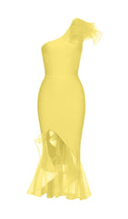 BANDAGE ONE-SHOULDER MIDI DRESS IN YELLOW