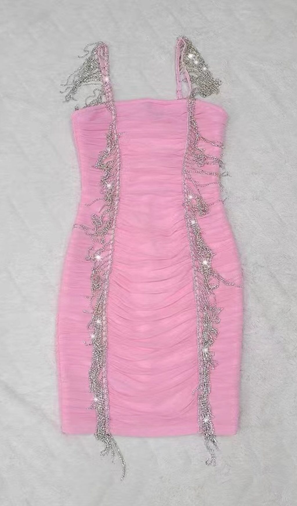 FRINGED MESH SKINNY MINI DRESS IN PINK