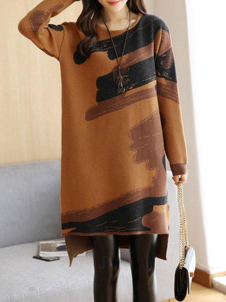 Abstract Knitted Crew Neck Long Sleeve Dress