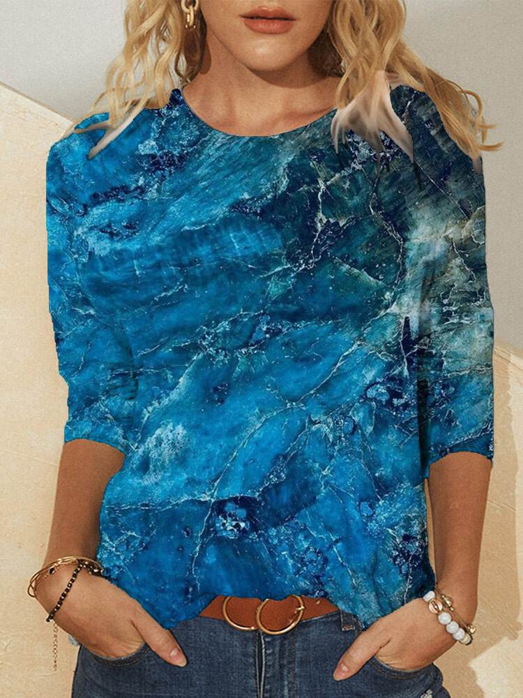 Artistic Abstract Blue Gradient Printed Shift Daily T-shirts for Women