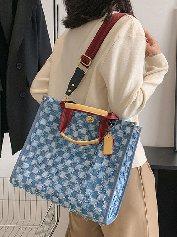 Denim Checkerboard Tote Bag