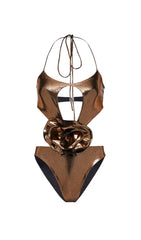 HALTER CUTOUT FLOWER SWIMSUIT IN GOLD