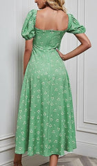 GREEN VINTAGE FLORAL PUFF SLEEVE MIDI DRESS