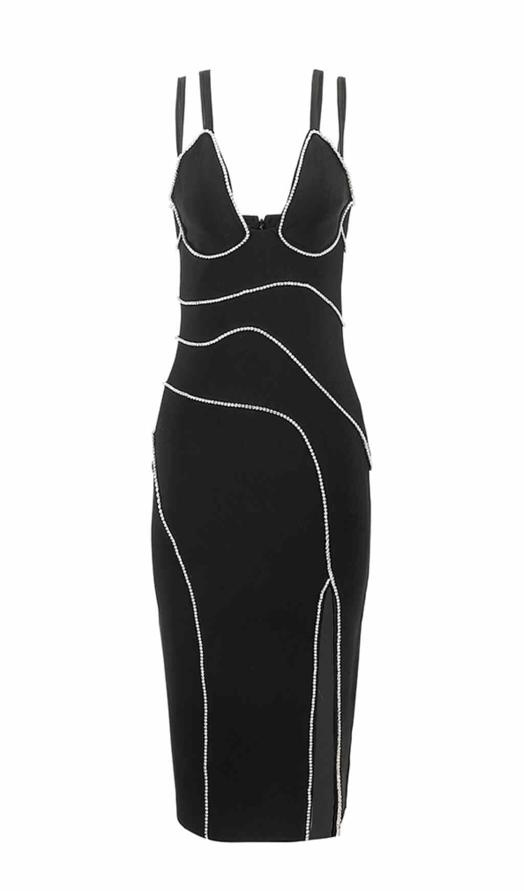 BANDAGE DIAMOND MIDI SPLIT DRESS IN BLACK