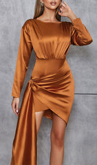 IRREGULAR RUFFLED BUTTOCK WRAP DRESS IN CARAMEL