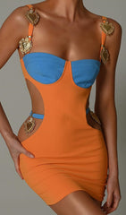 HEART EMBELLISHED CUTOUT MINI DRESS IN ORANGE