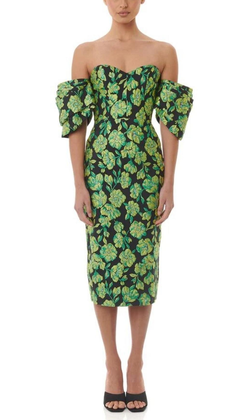 JACQUARD STRAPLESS MIDI DRESS IN GREEN