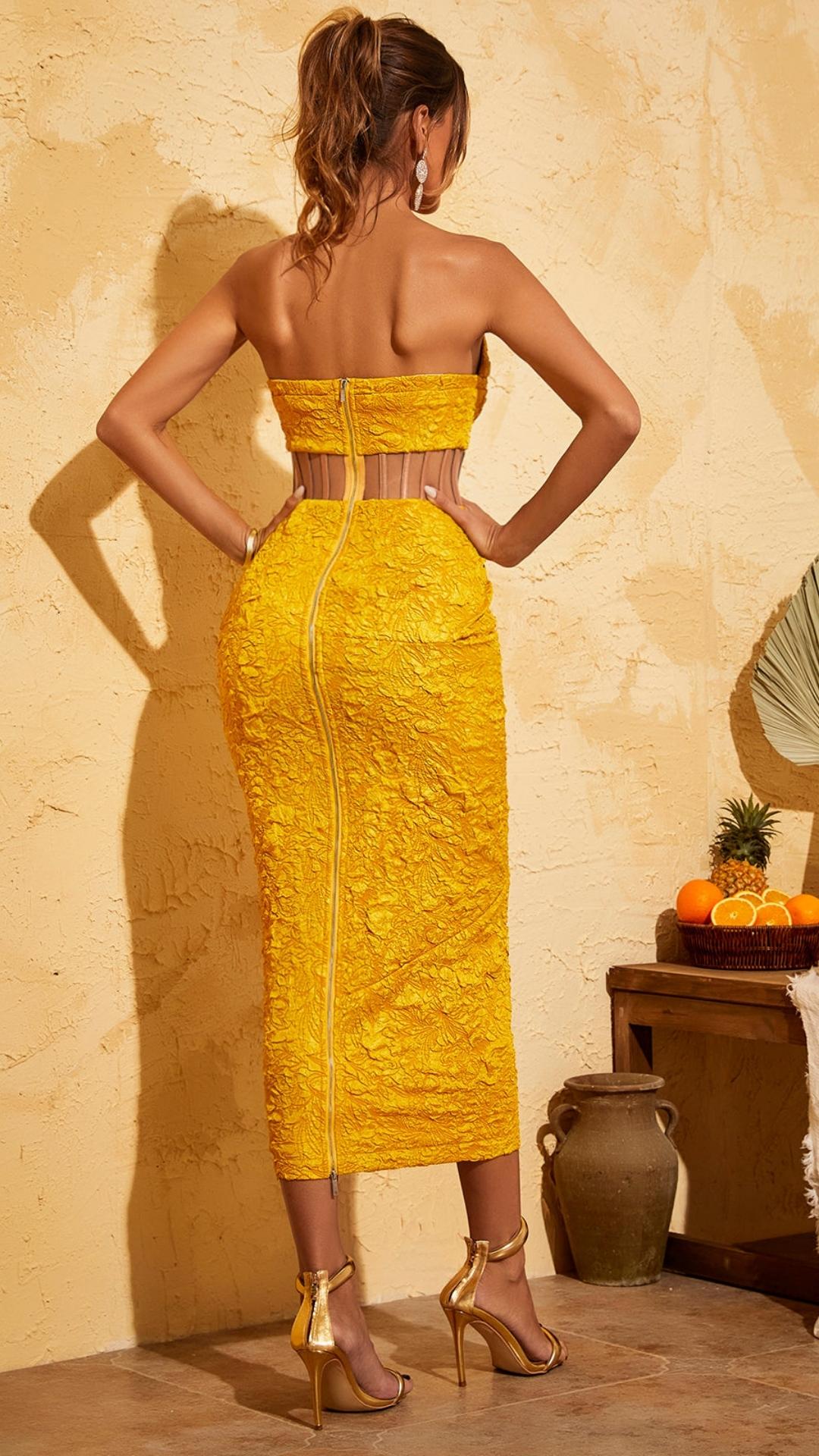 JACQUARD STRAPLESS MIDI DRESS IN YELLOW