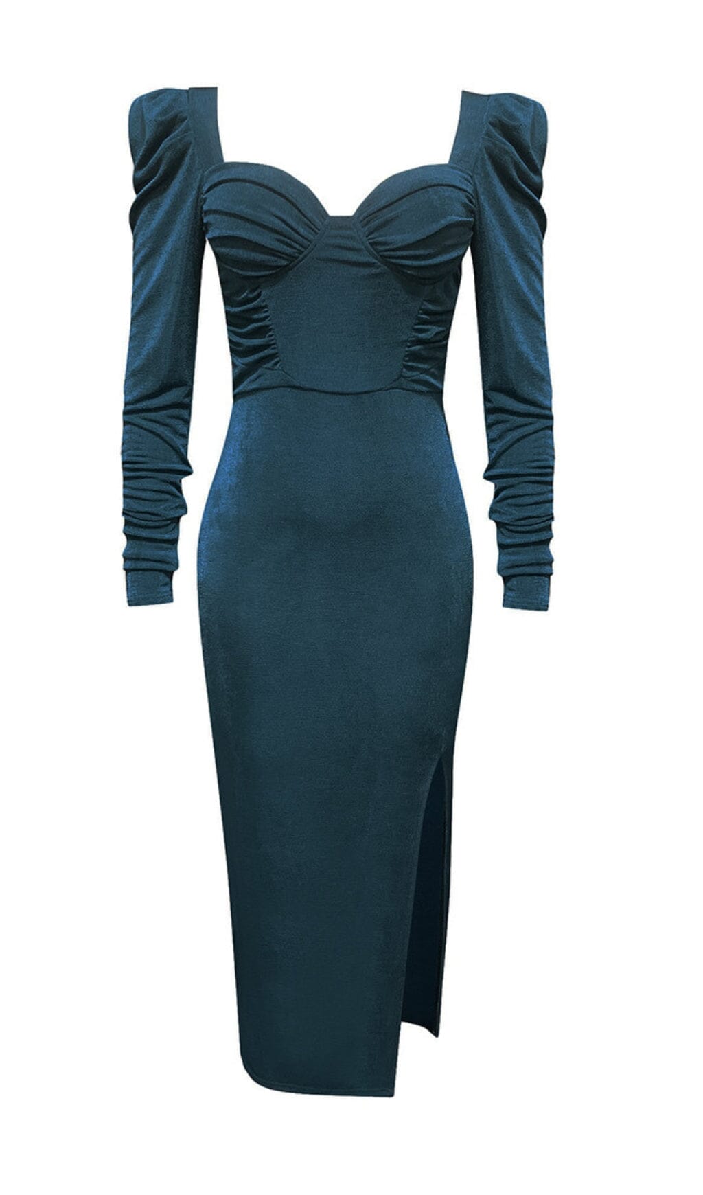 HIGH SLIT SLIM-FIT KNIT MIDI DRESS IN GREY-BLUE