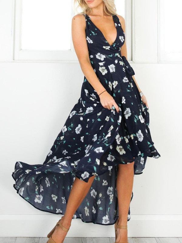 Asymmetric Floral V-Neck Maxi Dresses