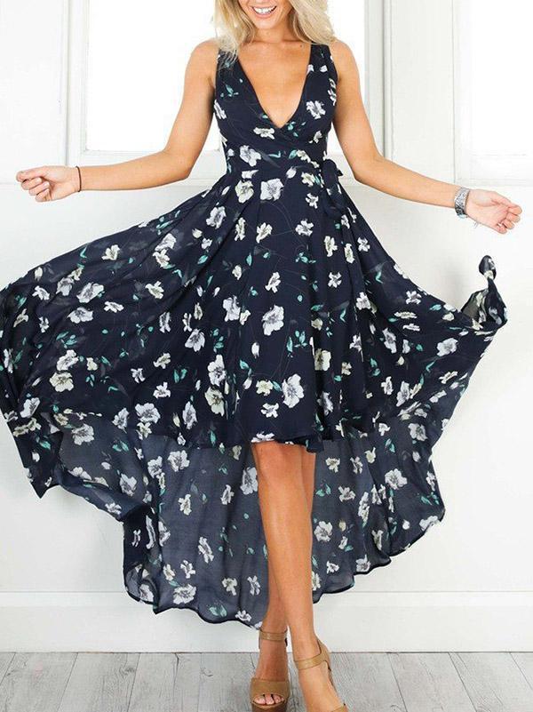 Asymmetric Floral V-Neck Maxi Dresses