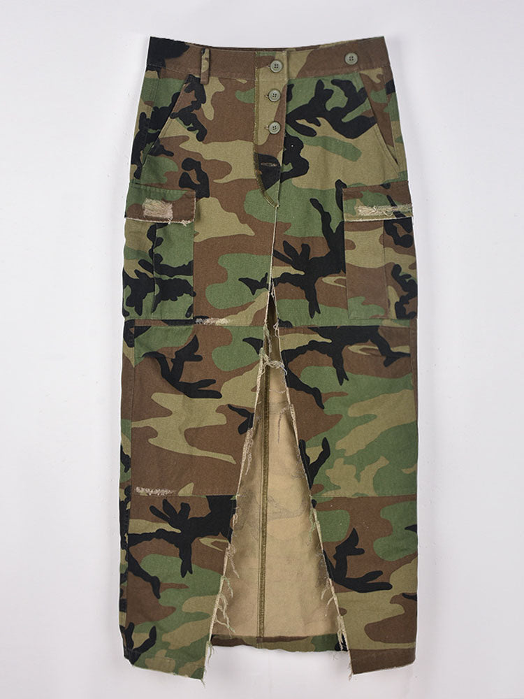 Camo Denim Button High Split Skirt