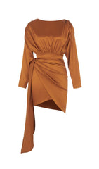 IRREGULAR RUFFLED BUTTOCK WRAP DRESS IN CARAMEL