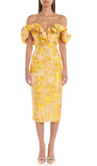 JACQUARD OFF SHOULDER MIDI DRESS IN YELLOW