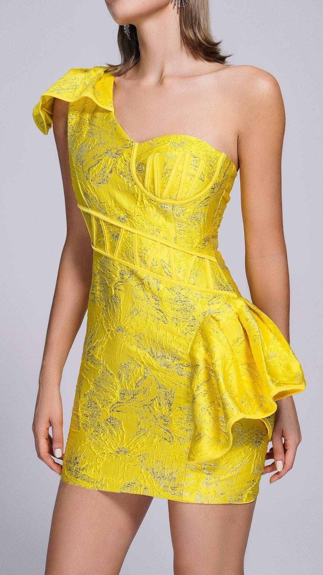 JACQUARD ONE SHOULDER MINI DRESS IN YELLOW